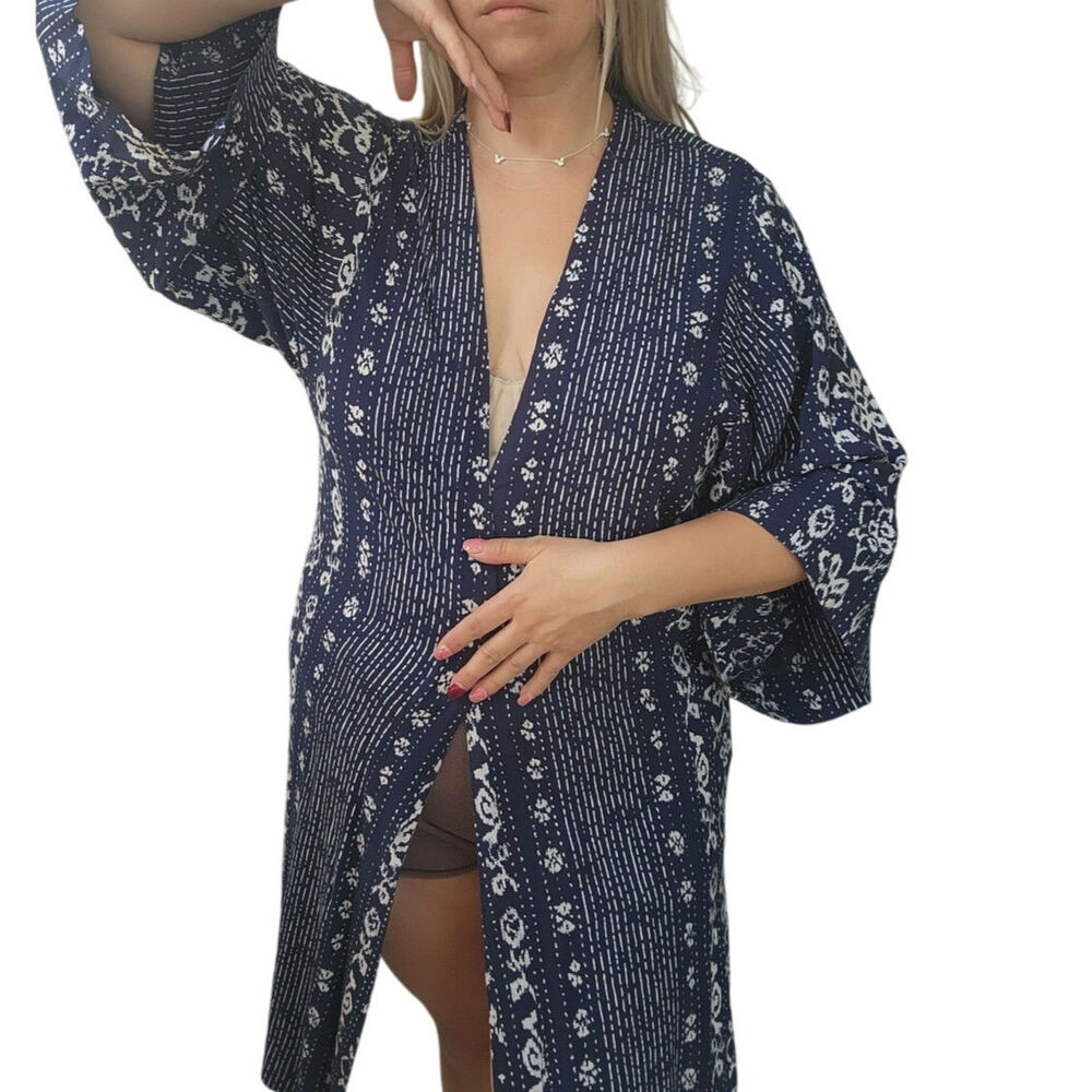 RipCurl kimono duster long midi navy blue white size L boho beach coverup